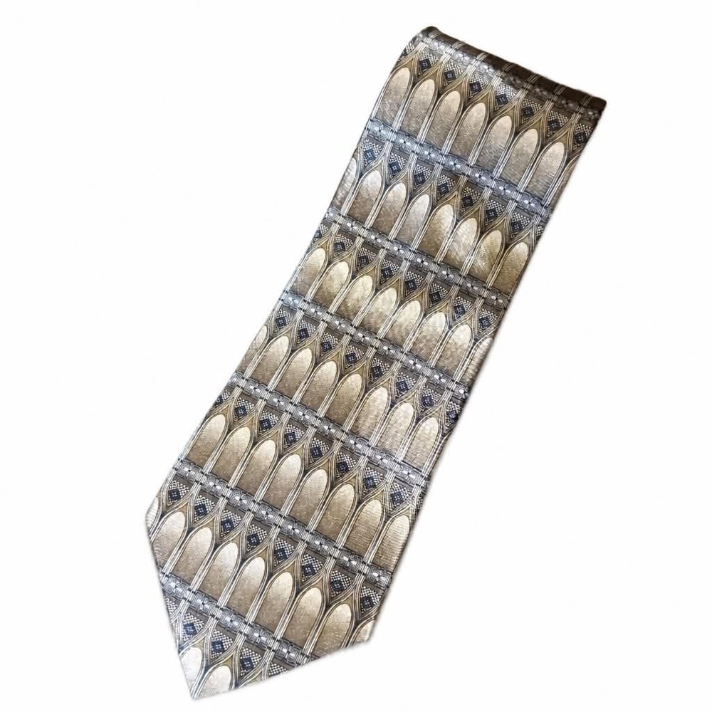 David Taylor Men Tie Tan Gold Gray Gothic Arch Geometric Art Deco Polyester